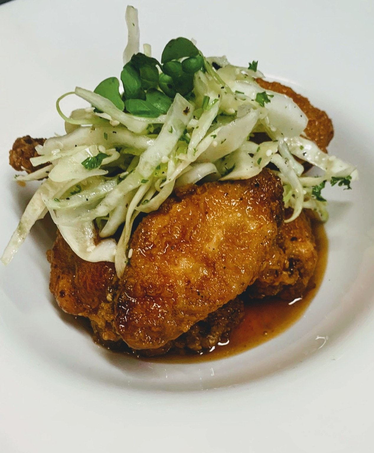 Crispy fried chicken with fennel slaw and pan sauce