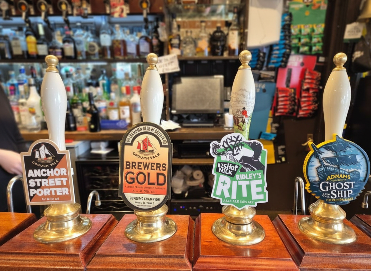 Real ale pump clips at The Woodbine bar — Anchor Street Porter, Brewers Gold, Ridley's Rite and Ghost Ship